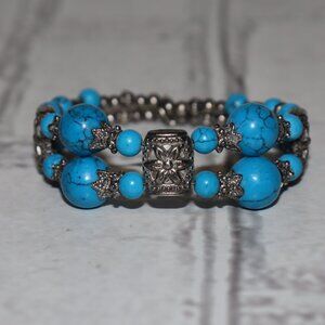 🔷✨ Silver & Blue Howlite Coil Bracelet · 8" · Clasp Closure